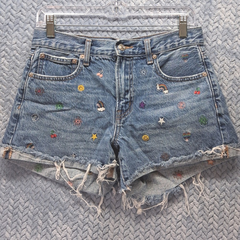 American Eagle Embroidered Denim Shorts Rainbow Smiley Cherry Size 2 High Rise